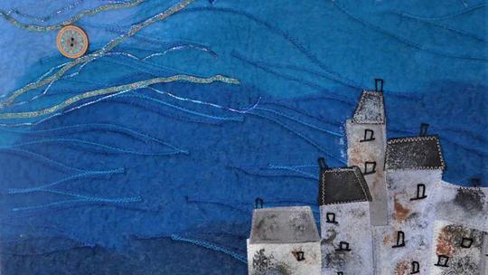 Dark houses in the Moonlight Original felted artwork